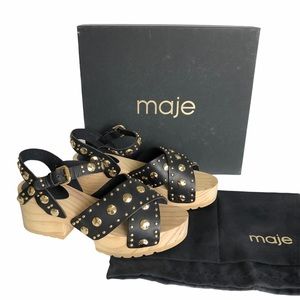 Maje Black Leather Gold Stud Wood Clog Sandals 39